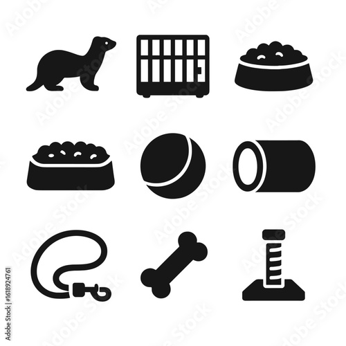 Ferret Care Icons. Solid, filled icon set of ferret: ferret, cage, food bowl, bedding, ball, tunnel, leash, chew toy, scratching