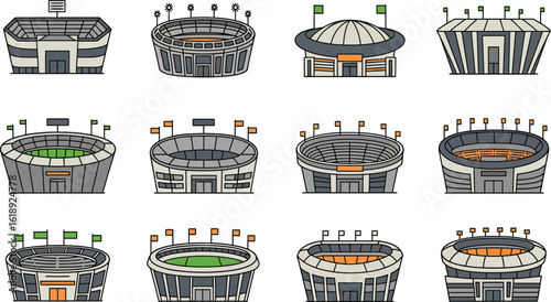 Set of Cartoon Stadium Illustrations with Different Designs on transparent background