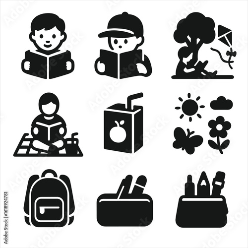 Summer Reading Icons. Solid, filled icons set of young readers enjoying summer books: child with book, summer