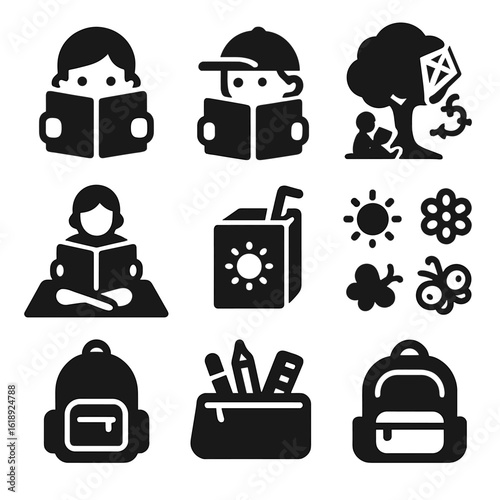 Summer Reading Icons. Solid, filled icons set of young readers enjoying summer books: child with book, summer