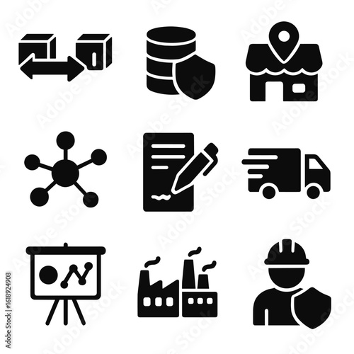 Supply Chain Icons. Solid, filled icons set of supply chain resilience strategies: dual sourcing, safety stock