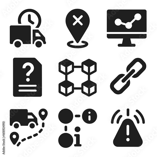 Supply Chain Icons. Solid, filled icons set of supply chain transparency and tracking: delayed shipment icon,