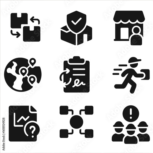 Supply Chain Resilience. Solid, filled icons set of supply chain resilience strategies: dual sourcing, safety