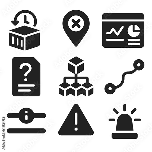 Supply Chain Icons. Solid, filled icons set of supply chain transparency and tracking: delayed shipment icon,