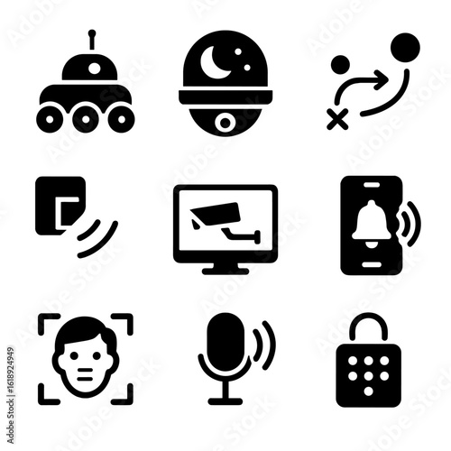 Surveillance Robot Icons. Solid, filled icons set of surveillance and monitoring robots: mobile security bot,