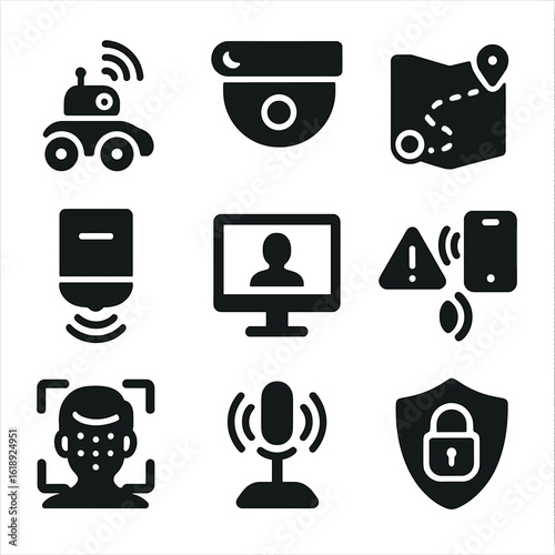 Surveillance Robot Icons. Solid, filled icons set of surveillance and monitoring robots: mobile security bot,