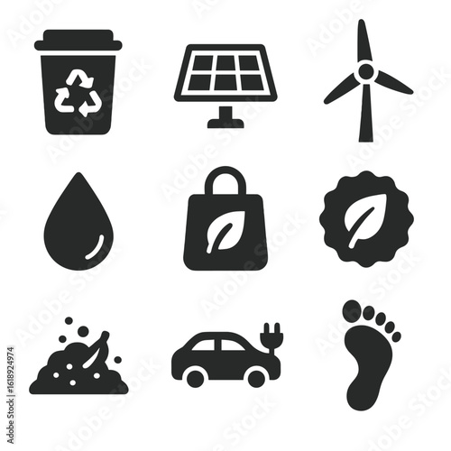 Sustainability Icons Grid. Solid, filled icons set of environmental sustainability initiatives: recycling bin,