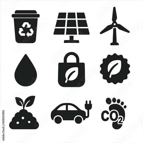 Sustainability Icon Set. Solid, filled icons set of environmental sustainability initiatives: recycling bin,