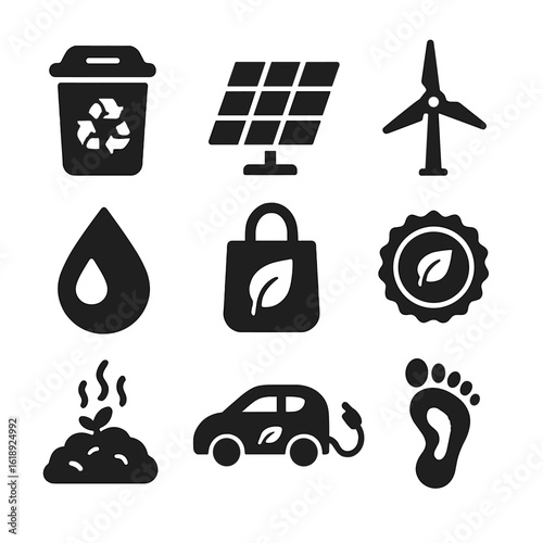 Sustainability Icons Grid. Solid, filled icons set of environmental sustainability initiatives: recycling bin,