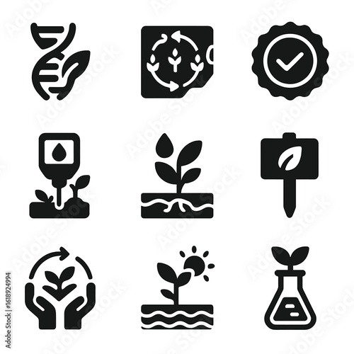 Sustainable Agriculture Icons. Solid, filled icons set of sustainable agriculture and genetics: eco DNA icon,