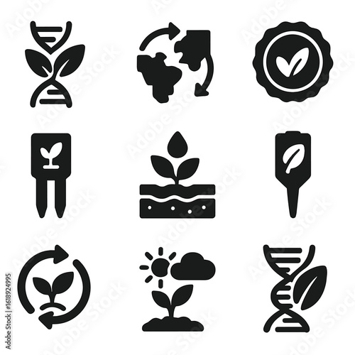 Sustainable Agriculture Icons. Solid, filled icons set of sustainable agriculture and genetics: eco DNA icon,