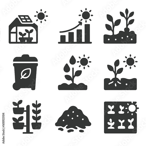 Sustainable Gardening Icons. Solid, filled icons set of sustainable gardening with sun: solar-powered