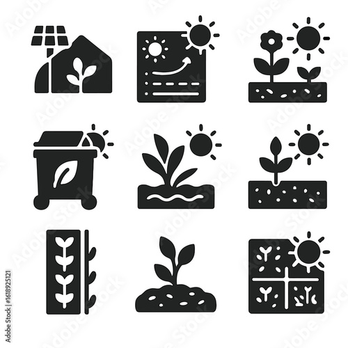 Sustainable Gardening Icons. Solid, filled icons set of sustainable gardening with sun: solar-powered