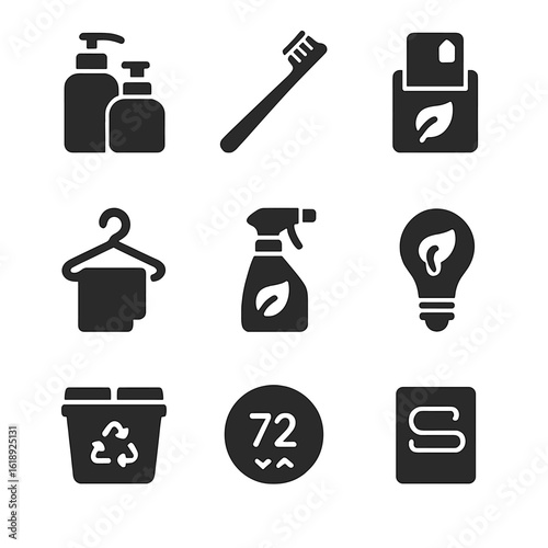 Sustainable Hotel Icons. Solid, filled icons set of sustainable hotel room amenities: refillable soap