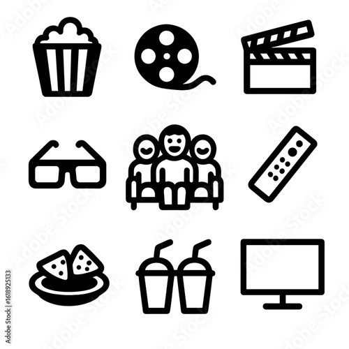 Movie Night Icons. Solid, filled icon set of friends laughing at movie night: popcorn, film reel, clapperboard, 3D glasses, couch,