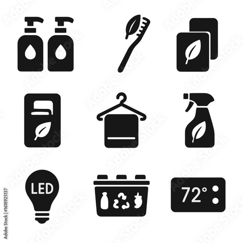 Sustainable Hotel Icons. Solid, filled icons set of sustainable hotel room amenities: refillable soap