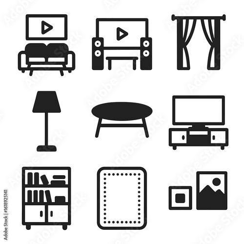 Movie Room Icons. Solid, filled icon set of Movie environment: living room, home theater, window curtains, floor lamp, coffee
