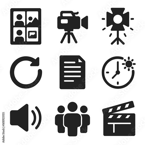 Filmmaking Icons Grid. Solid, filled icons set of behind-the-scenes content: storyboard sketch, camera setup,