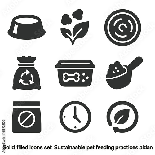 Sustainable Pet Feeding Icons. Solid, filled icons set of sustainable pet feeding practices: stainless food