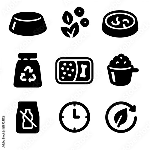 Sustainable Pet Feeding Icons. Solid, filled icons set of sustainable pet feeding practices: stainless food