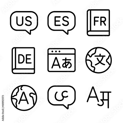 Multi-language Icon Set. Outline icon set of multi-language support: English US, Spanish ES, French FR, German DE, Japanese JP,