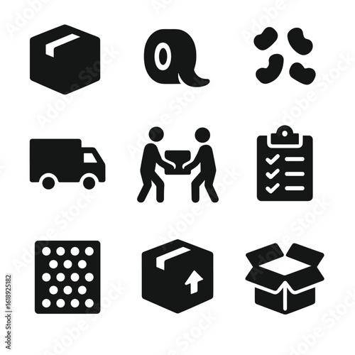 Moving Essentials Icons. Solid, filled icon set of moving day essentials: cardboard box, tape roll, packing peanuts, moving truck,