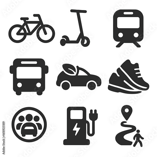 Sustainable Transport Icons. Solid, filled icons set of sustainable transportation options: bicycle icon,