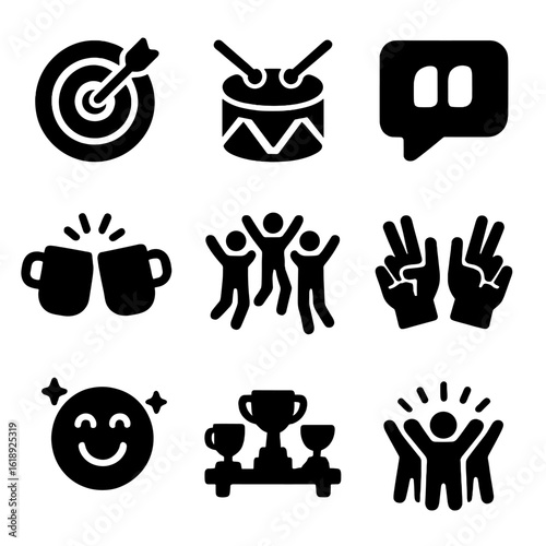 Team Motivation Icons. Solid, filled icons set of team motivation and morale boosts: goal target, celebration