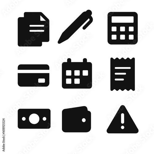 Financial Management Icons. Solid, filled icon set of managing unpaid bills: stack of papers, pen, calculator, credit card,