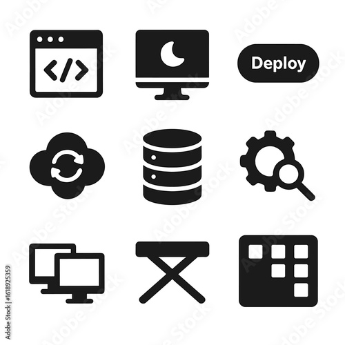 Tech Icons Grid. Solid, filled icons set of startup tech and developer zone: code window, dark mode screen,