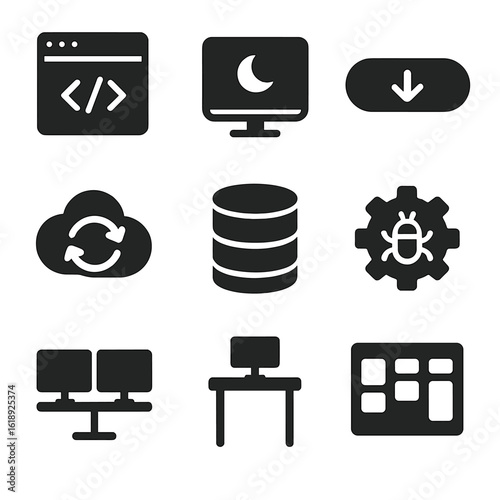 Tech Icons Grid. Solid, filled icons set of startup tech and developer zone: code window, dark mode screen,