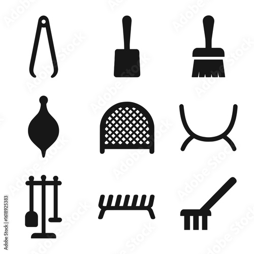 Fireplace Tools Icons. Solid, filled icons set of fireplace tools and accessories: tongs, ash shovel, brush,