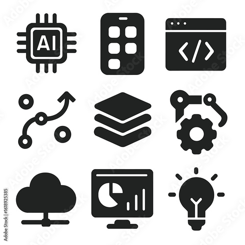 Tech Innovation Icons. Solid, filled icons set of technology-driven entrepreneurship: AI chip, app icon, code