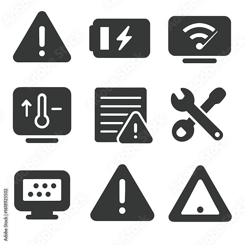 Thermostat Alert Icons. Solid, filled icons set of thermostat alerts and errors: warning icon, low battery