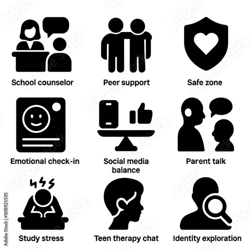 Teen Mental Health Icons. Solid, filled icons set of youth and teen mental health: school counselor icon, peer