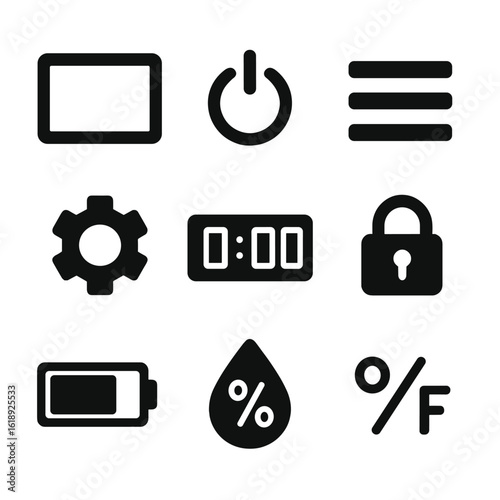 Thermostat Interface Icons. Solid, filled icons set of thermostat interface elements: LCD screen, power toggle