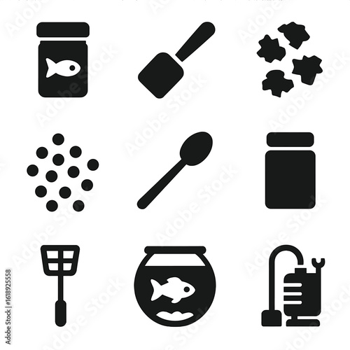 Fish Feeding Icons. Solid, filled icon set of fish feeding tools: fish food container, scoop, fish flakes, fish pellets, spoon,