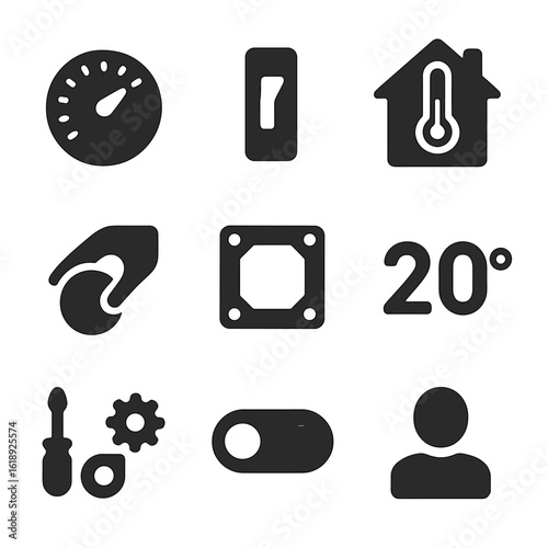 Thermostat Control Icons. Solid, filled icons set of manual thermostat adjustments: analog dial, mechanical