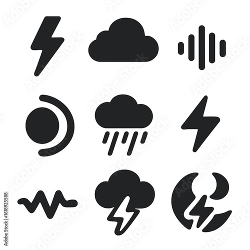 Thunderstorm Icon Set. Solid, filled icons set of the sound of thunder: lightning bolt, dark cloud, sound wave