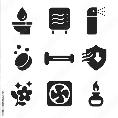 Toilet Sanitation Icons. Solid, filled icons set of toilet sanitation and odor control: toilet freshener drop,