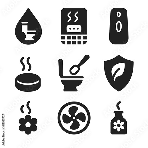 Toilet Sanitation Icons. Solid, filled icons set of toilet sanitation and odor control: toilet freshener drop,