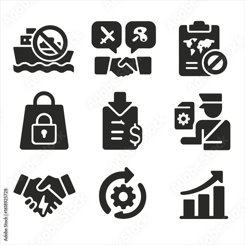 Trade Policy Icons. Solid, filled icons set of international trade and policy changes: export ban icon, trade