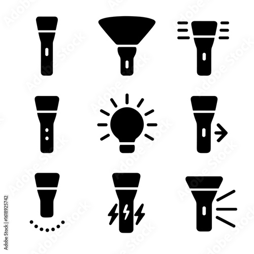 Flashlight Icons Grid. Solid, filled icons set of flashlight light patterns: narrow beam, wide beam, strobe