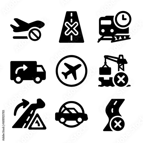 Transport Disruption Icons. Solid, filled icons set of transportation and logistics interruptions: grounded
