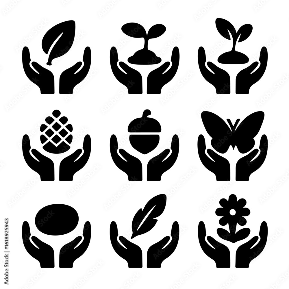Nature Elements Icons. Solid, filled icon set of Hands holding nature elements: leaf, small plant, seedling, pinecone, acorn, Nature Elements Icons. Solid, filled icon set of Hands holding nature elements: leaf, small plant, seedling, pinecone, acorn,
