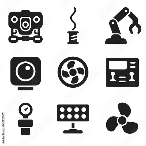 Underwater Robotics Icons. Solid, filled icons set of underwater robotics: ROV (remotely operated vehicle),