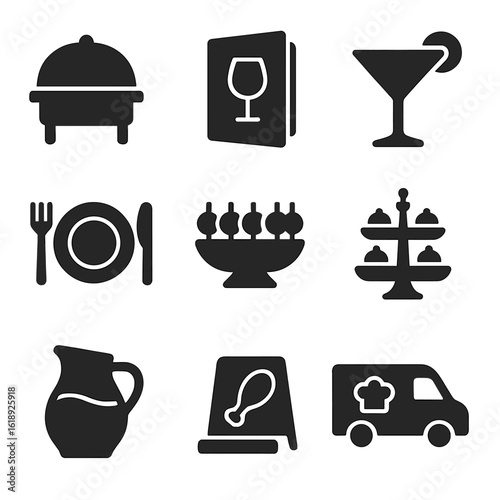 Food & Drink Icons. Solid, filled icons set of food and beverage planning: buffet table, drink menu, cocktail