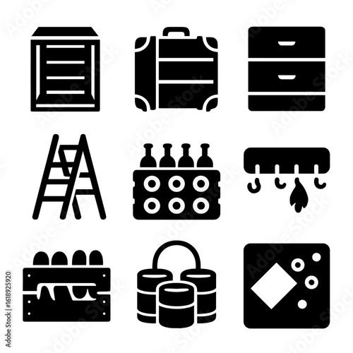 Upcycled Storage Icons. Solid, filled icons set of creative storage from upcycled items: crate shelf, suitcase