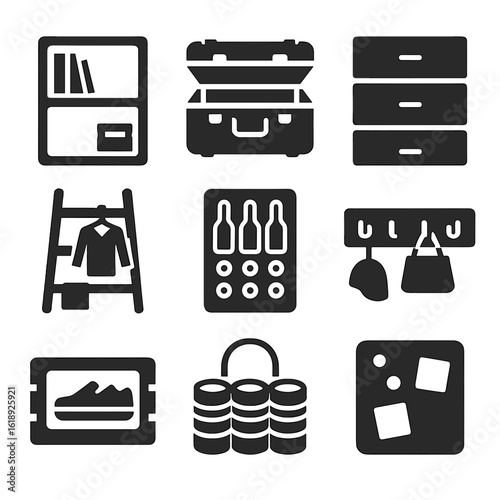 Upcycled Storage Icons. Solid, filled icons set of creative storage from upcycled items: crate shelf, suitcase