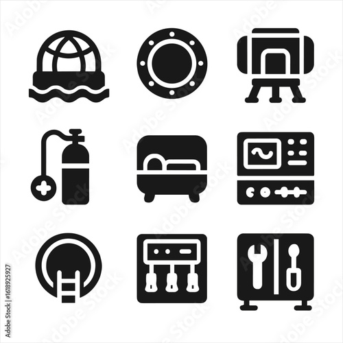Underwater Habitat Icons. Solid, filled icons set of underwater habitats: sea dome, observation porthole,